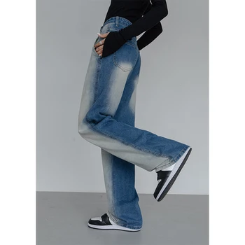 Синие женские джинсы с высокой талией, градиентная Винтажная американская мода, уличная одежда, широкие джинсовые женские брюки, прямые джинсовые брюки