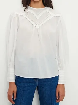 Женская кружевная рубашка с вышивкой Из белого хлопка с длинным рукавом и круглым вырезом Женские блузки 2023 Весна-лето
