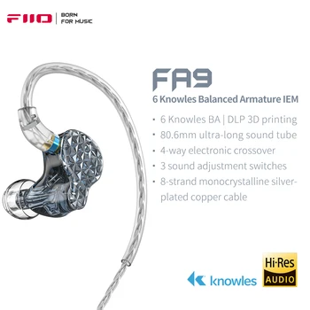 Наушники-вкладыши FiiO FA9 Hi-Res 6BA IEMs, Съемный MMCX, 8-многожильный Посеребренный медный кабель, 3 регулировки звука DLP 3D