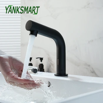 Матовый черный смеситель для ванной комнаты YANKSMART, Автоматические смесители Touch Sense, устанавливаемые на бортике раковины, Бесконтактные краны для горячей и холодной воды