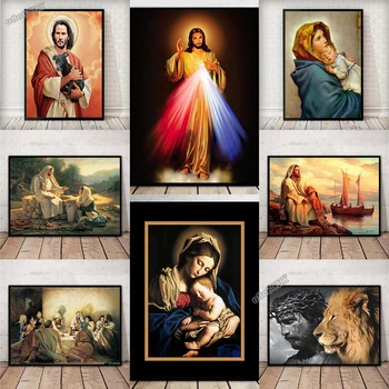 Светящиеся картины на стену с Иисусом, Дева Мария, держащая Иисуса, Холст, живопись, плакаты с Иисусом для домашнего декора в гостиной