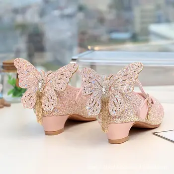 Кожаная обувь принцессы Бабочки Детская обувь с бриллиантовым бантом На высоком каблуке Детская танцевальная обувь с блестками для девочек Модная танцевальная обувь для девочек