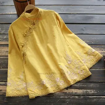 2023 Хлопчатобумажная льняная винтажная рубашка ципао, женская блузка, китайский традиционный топ, традиционная китайская одежда для женщин