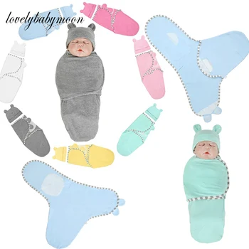 Пеленка для новорожденных + шапочка, хлопковое детское одеяло, постельные принадлежности, Мультяшный милый детский спальный мешок на 0-6 месяцев