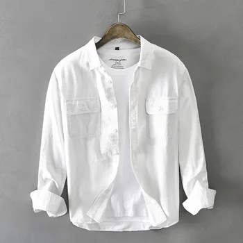 Мужская одежда 2023 Осень Новая Мужская Белая рубашка с длинным рукавом Из чистого хлопка в стиле Ретро С карманом на пуговицах Белая рабочая одежда