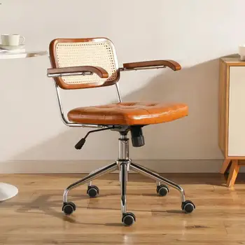 Компьютерный стул из японского Ротанга Ретро Вращающийся Стул Удобное Сиденье Рабочего Стола Дышащий Подлокотник Ротанговый Стул Офисная Мебель
