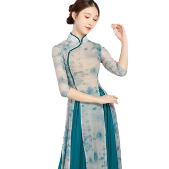 Женский костюм, платье, топ Чонсам, Свободные широкие брюки, одежда для занятий классическими танцами, костюм для этнических танцев в китайском стиле