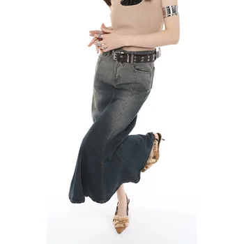 2023 Женская Синяя джинсовая юбка в пол-тела с высокой талией, Повседневные Корейские брюки средней длины, Винтажная Темпераментная Женская Джинсовая юбка-Русалка