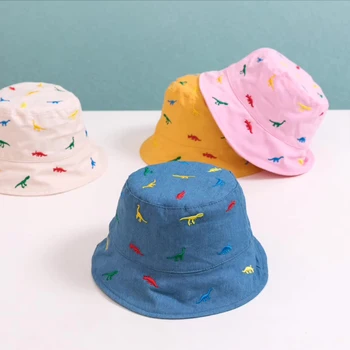 Летняя Детская кепка-ведро с динозавром, Милая Детская рыбацкая шляпа с вышивкой для мальчика и девочки, Однотонные Регулируемые солнцезащитные шляпы для малышей Gorras