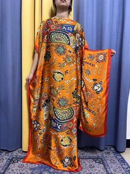 Абайи для женщин 2023 Мусульманская мода Оранжевый Шелковый Свободный Женский халат с цветочным принтом в Африканской Нигерии Мягкие Летние платья с тюрбаном