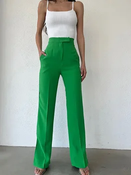 Летние женские длинные брюки с высокой талией 2022, однотонные модные Универсальные офисные женские брюки, повседневные Свободные прямые брюки с разрезом по бокам