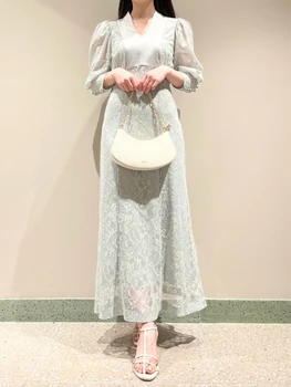 Винтажное элегантное платье в японском стиле с тонкой талией, весенне-летние халаты с V-образным вырезом и пышными рукавами, кружевное платье с цветочным узором на крючках для женщин