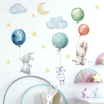 Наклейки на стену с воздушным шариком в виде кролика, наклейки для детского сада, наклейки для украшения детской, Наклейки на стену детской комнаты, Милые наклейки с кроликом