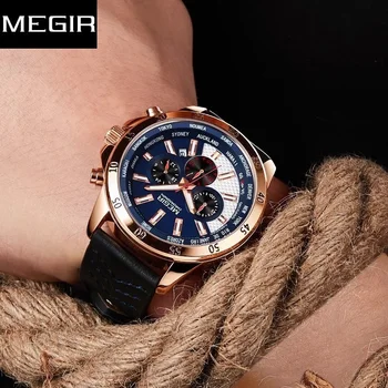MEGIR, мужские Оригинальные кварцевые наручные часы с хронографом, дата, военный спортивный Кожаный ремешок, мужские повседневные часы Relogio Masculino