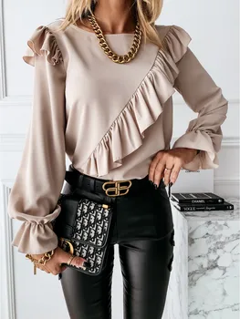 Женская повседневная блузка-рубашка с рюшами, осень-зима, однотонные рубашки с длинными рукавами, Элегантные офисные женские топы с круглым вырезом, уличная одежда