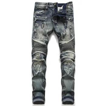 Мужские джинсы в европейском и американском стиле, мужские прямые стрейчевые мотоциклетные серые джинсы, джинсовые брюки, узкие джинсы на молнии для мужчин