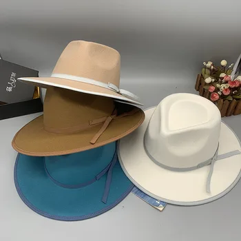 202301-FCM557 Прямая поставка, зимние женские фетровые шляпы из полиэстера с маленьким бантом, женская панама для отдыха, джазовая шляпа