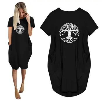 Новое летнее женское повседневное свободное платье Mandala Circle Trees с карманом, модные женские длинные топы с круглым вырезом, женское платье-футболка