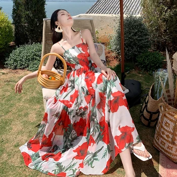 Новое модное летнее женское Французское роскошное платье на бретельках, женское длинное платье с эластичным поясом в виде красного цветка, Темпераментное длинное платье