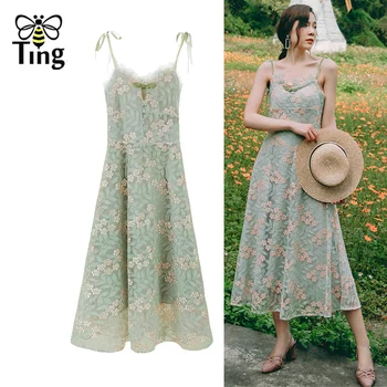 Tingfly Летние Роскошные вечерние платья с вышивкой в виде цветочных листьев Mori, длинное платье Миди с ремешком зеленого цвета, Vestidos Chic Street A Line