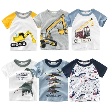 Футболка для мальчиков от 1 до 8 лет с рисунком экскаватора, акулы и динозавра, хлопковые топы для малышей, летняя одежда, модная футболка для малышей, детская одежда