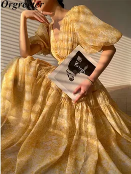 Женские платья с желтым принтом Orgreeter 2023, V-образный вырез, Короткий рукав, Высокая талия, складки, Элегантное платье, женская летняя модная одежда