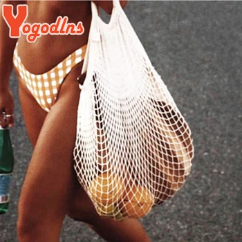 Летние соломенные сумки Yogodlns для женщин, тканая пляжная сумка ручной работы, сетчатая сумка через плечо, сумка-тоут для фруктов и овощей из супермаркета в Богемии