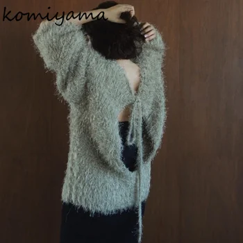 Нежная одежда Moda Y2k, Вязаные пуловеры с длинным рукавом, топы, женские свитера на шнуровке с открытой спиной, осенне-зимняя одежда, женская одежда