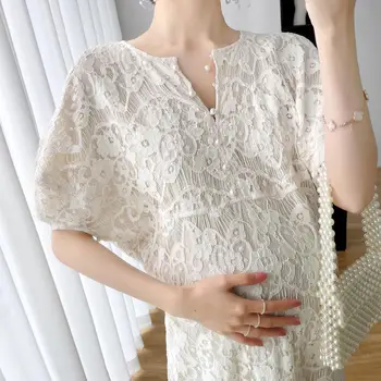 Белое длинное платье для беременных, элегантные Ins, кружевная жемчужная свободная одежда для беременных, одежда для беременных, осенне-весенняя Корейская мода