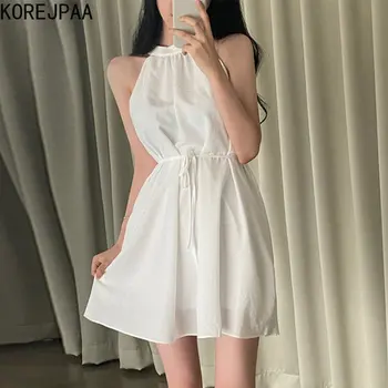 Корейпаа Белое платье во французском стиле, элегантные мини-платья без рукавов с открытыми плечами, сексуальная Корейская одежда на шнуровке с высокой талией