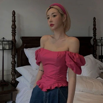 Блузка с открытой спиной и пышными рукавами, однотонный летний укороченный топ, тонкий сексуальный женский корейский стиль, модный шик, классика