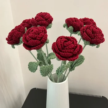 Искусственные розы ручной вязки, имитация винно-красной шерсти, Ветка розы крючком для свадьбы, букет невесты, домашний декор для вечеринки