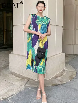 Женское Плиссированное платье с многоцветным геометрическим рисунком без рукавов с эластичной резинкой на талии, Элегантные модные повседневные платья 2023, Новая осень 15TT045