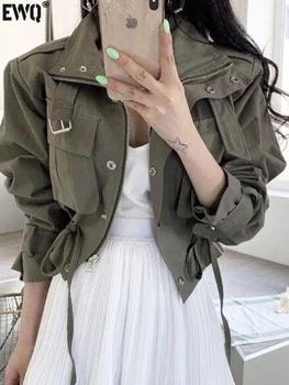 [EWQ] Корейская Женская куртка в стиле сафари с карманом на молнии и шнурком, весна-осень 2023, Новая уличная одежда Tide, куртки с длинными рукавами, Y6127