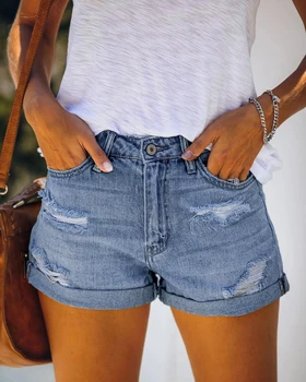 2023 Женские джинсовые шорты с узкими отверстиями, модные повседневные летние джинсовые шорты, сексуальные шорты для стирки уличной одежды, рваные женские джинсы с высокой талией