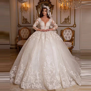 Сексуальные свадебные платья с V-образным вырезом и длинными рукавами с 3D цветами, искрящиеся блестками, кружевные свадебные бальные платья, Изысканные свадебные платья Саудовской Аравии