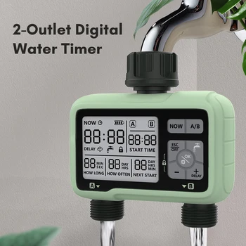 Цифровой таймер подачи воды на 2 выхода, таймер автоматического полива, водонепроницаемый программируемый ЖК-дисплей разбрызгивателя для садовых цветов IPX5