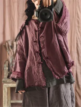 Johnature Женские винтажные льняные однотонные куртки на пуговицах Оригинальная женская одежда в китайском стиле 2023, Осенние новые пальто с длинными рукавами