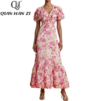QHZ Дизайнерское Модное Милое Элегантное платье Женское С V-образным вырезом, Розовым цветочным принтом, Поясом с оборками, для похудения, Длинное платье для пляжного отдыха