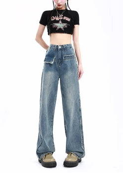 Женские синие джинсы с карманами-заусенцами, летний Новый дизайн, свободная талия, прямые широкие брюки, женские джинсовые брюки
