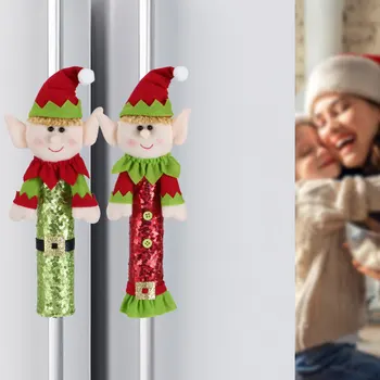 Рождественский эльф, чехлы для ручек холодильника, Милый эльф, перчатки для дверных ручек, защита ручек с блестками, мультфильм для холодильника, микроволновой печи
