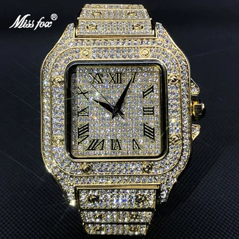 Новые роскошные квадратные тонкие мужские часы в стиле хип-хоп с муассанитом, золотой браслет, наручные часы, деловые кварцевые часы из нержавеющей стали, ювелирные изделия
