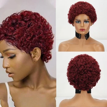 Красный синтетический парик Черный женский парик с короткими волосами Бразильский парик с вьющимися волосами Для ежедневного использования Женский парик, подходящий для вечеринок