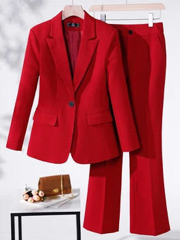 Классический женский костюм в британском стиле, Красный костюм с длинными рукавами, брюки-клеш, блейзер, 2 предмета, куртка, Брюки, Женские офисные пуговицы