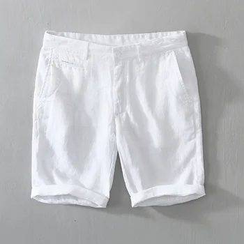 Мужские шорты из чистого льна 2023, летние Новые модные однотонные Белые свободные праздничные шорты, мужские повседневные короткие брюки на пуговицах большого размера