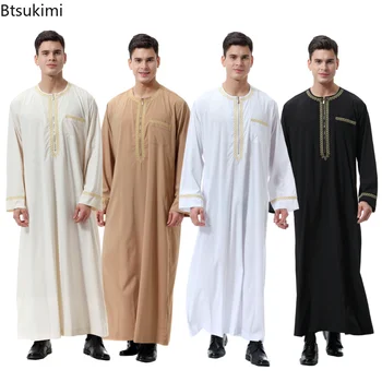 Мусульманская мода Мужчины Абая Джубба Тобе Принт Кимоно на молнии С длинным рукавом Сплошной цвет Повседневная Пакистанская Исламская одежда Карман на пуговицах