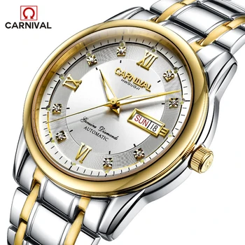 Роскошные золотые часы бренда CARNIVAL, мужские Модные Деловые Автоматические Механические наручные часы, водонепроницаемые, светящиеся, 2021 Relogio Masculino