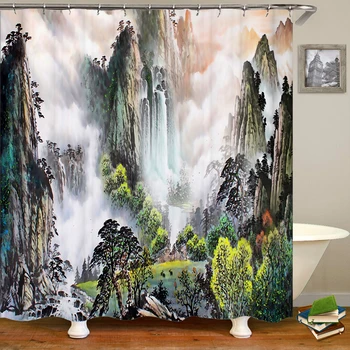 Занавеска для ванной с пейзажем в японском стиле, 3D Природные Пейзажи, Водопад, Печать, Занавески для душа, Водонепроницаемый Полиэстер, Домашний Декор
