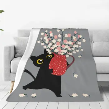 Черные забавные одеяла для кошек, Фланелевые, Весна-осень, Милые цветы, Многофункциональные Мягкие одеяла для постельных принадлежностей, Плюшевое тонкое одеяло для дивана